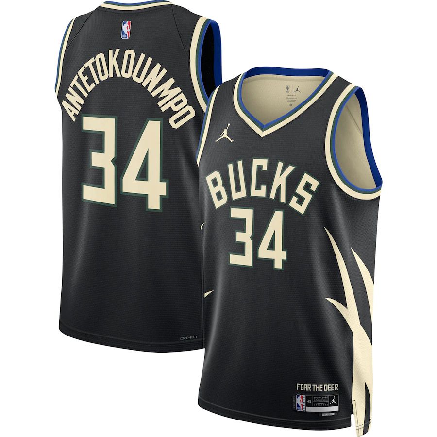 Men Milwaukee Bucks #34 Giannis Antetokounmpo Jordan Brand Black 2022-23 Statement Edition Swingman NBA Jersey